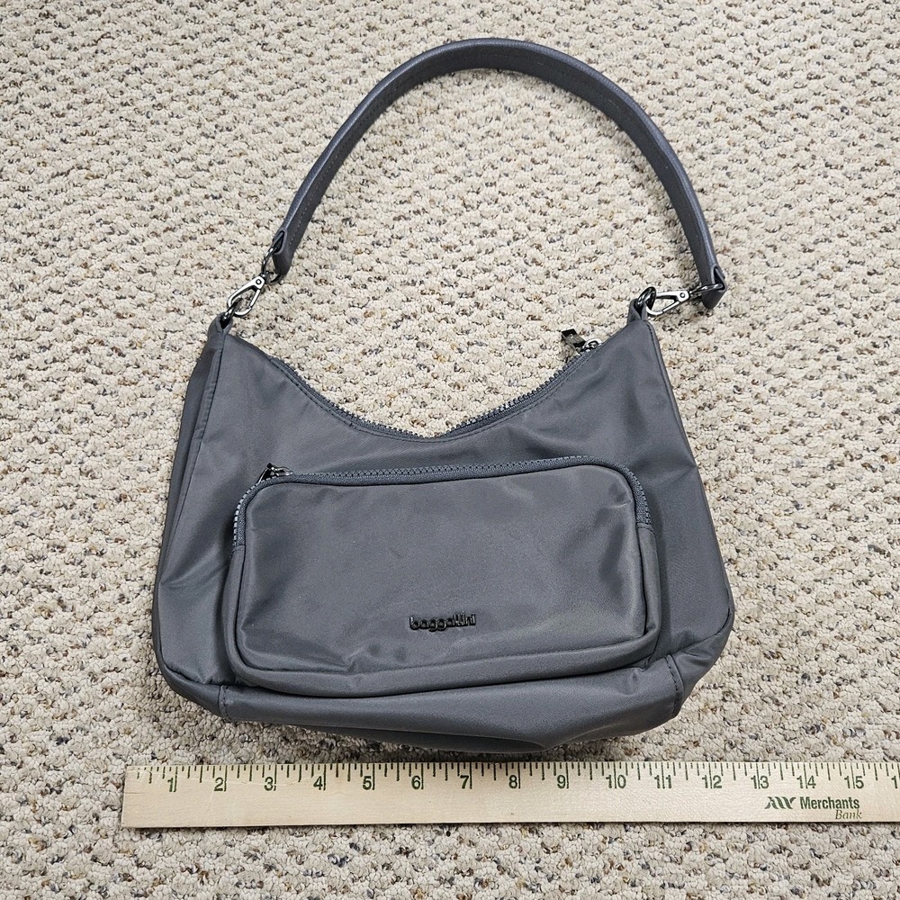 Baggallini Gray Nylon Hobo Shoulder Bag Front Zip Pocket Travel Purse